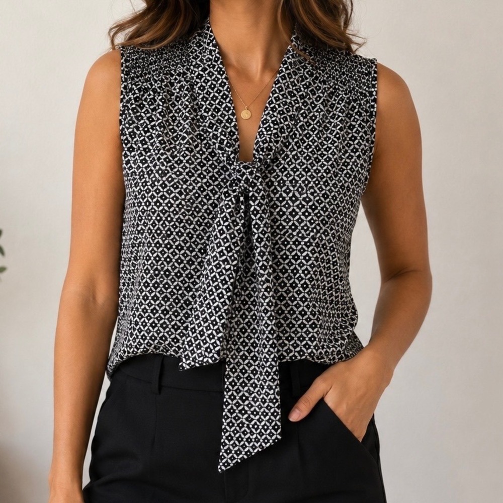 CHAUS New York Womens Sleeveless Tie Neck Blouse Black W Geometric Print M NWT